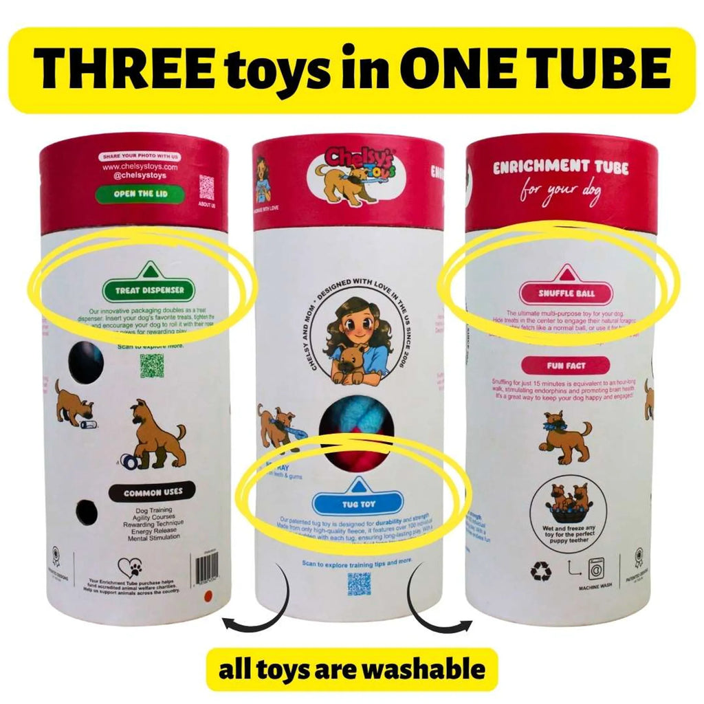 3-in-1 Enrichment Tube for Dogs - Tug Toy, Treat Dispenser & Snuffle Ball - Blue